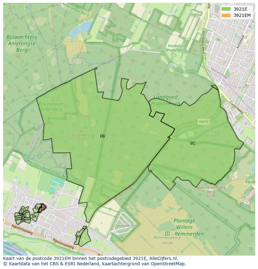 Afbeelding van het postcodegebied 3921 EM op de kaart.