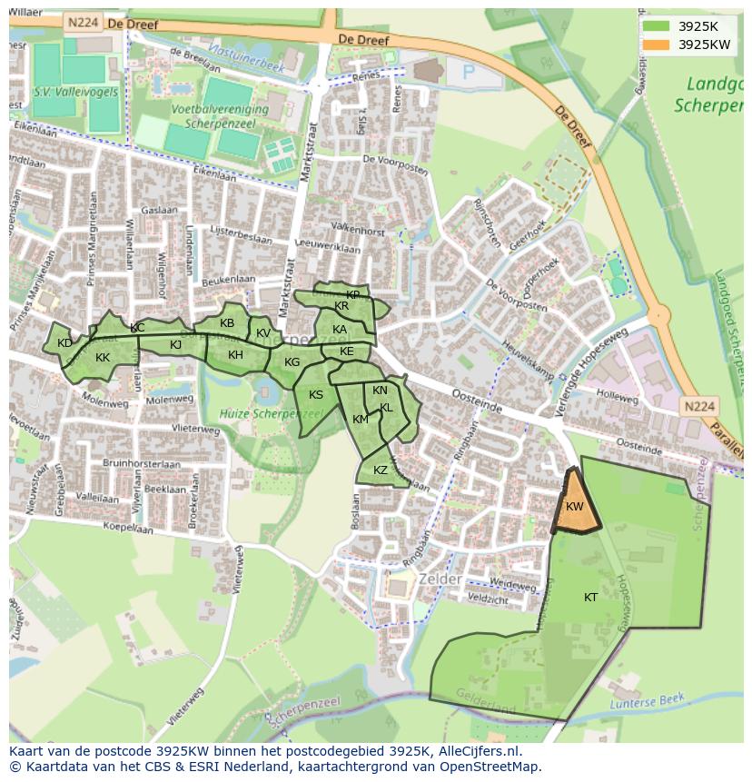 Afbeelding van het postcodegebied 3925 KW op de kaart.