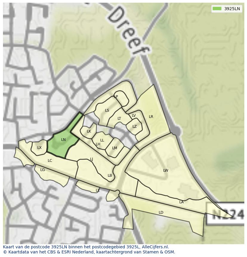 Afbeelding van het postcodegebied 3925 LN op de kaart.
