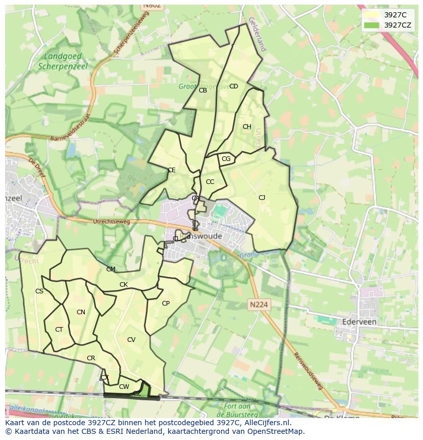 Afbeelding van het postcodegebied 3927 CZ op de kaart.