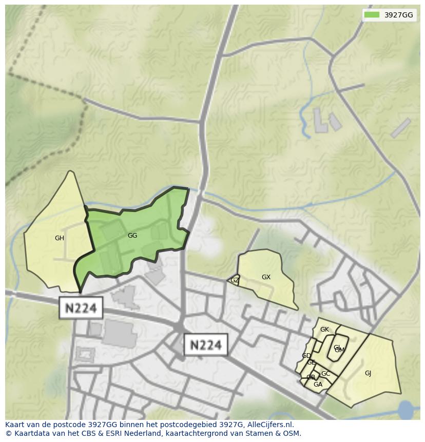 Afbeelding van het postcodegebied 3927 GG op de kaart.
