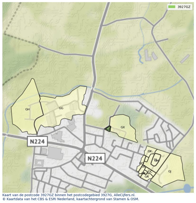 Afbeelding van het postcodegebied 3927 GZ op de kaart.