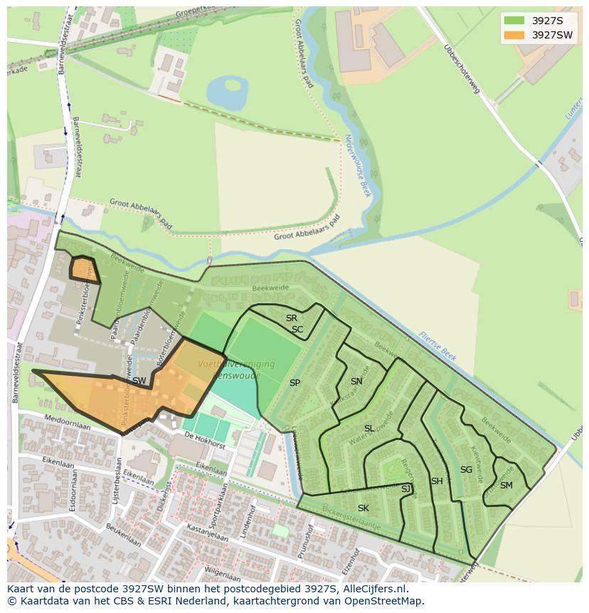Afbeelding van het postcodegebied 3927 SW op de kaart.