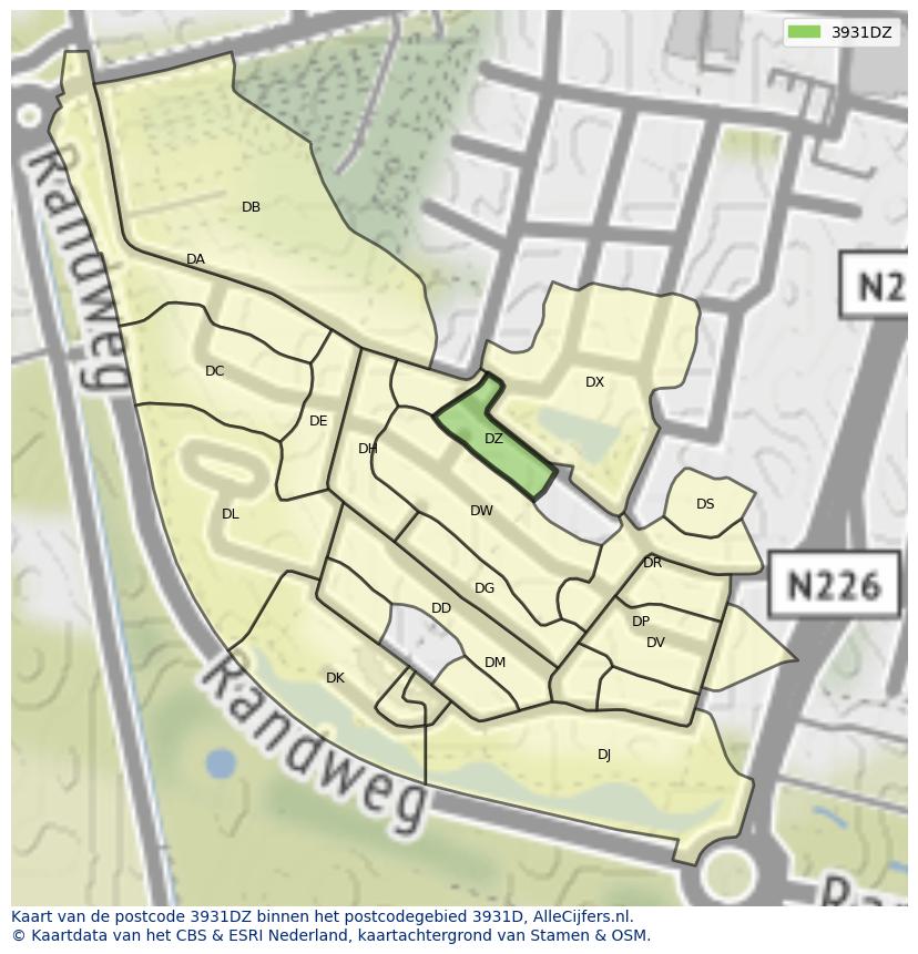 Afbeelding van het postcodegebied 3931 DZ op de kaart.