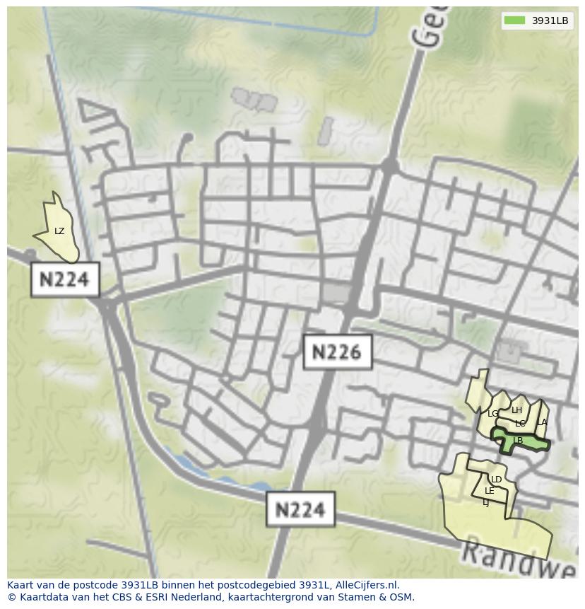 Afbeelding van het postcodegebied 3931 LB op de kaart.