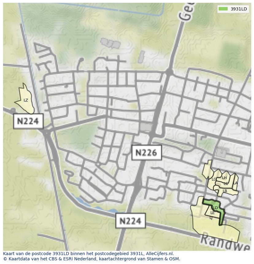 Afbeelding van het postcodegebied 3931 LD op de kaart.