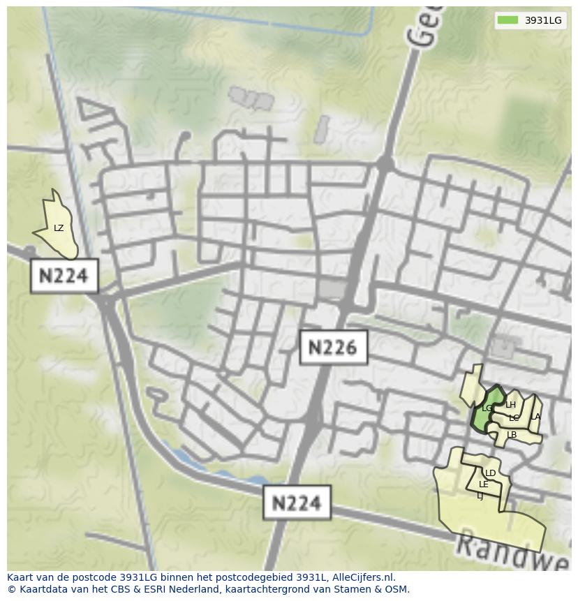 Afbeelding van het postcodegebied 3931 LG op de kaart.