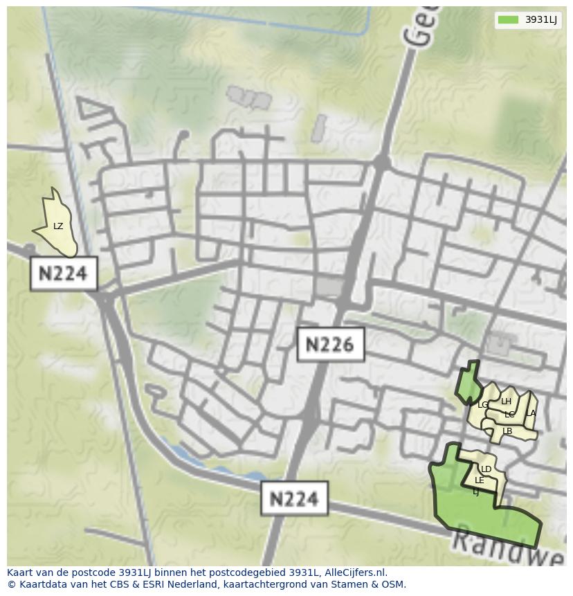 Afbeelding van het postcodegebied 3931 LJ op de kaart.