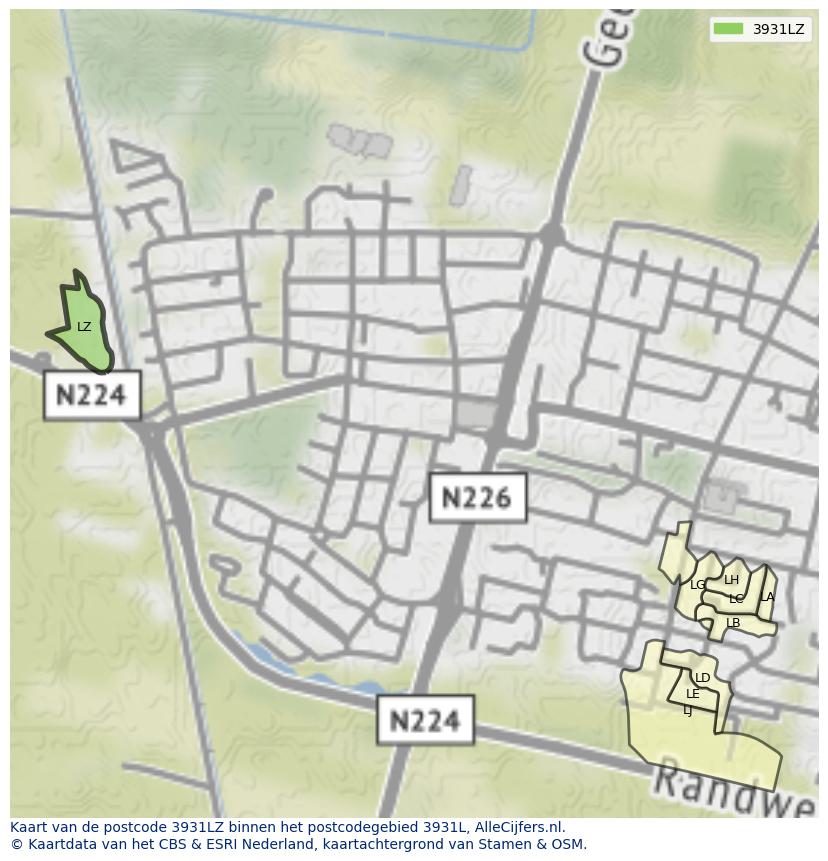Afbeelding van het postcodegebied 3931 LZ op de kaart.