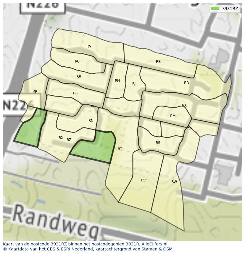 Afbeelding van het postcodegebied 3931 RZ op de kaart.