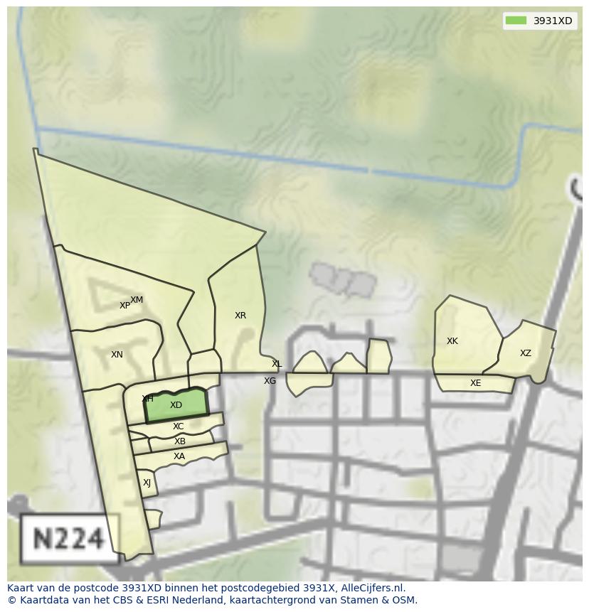 Afbeelding van het postcodegebied 3931 XD op de kaart.