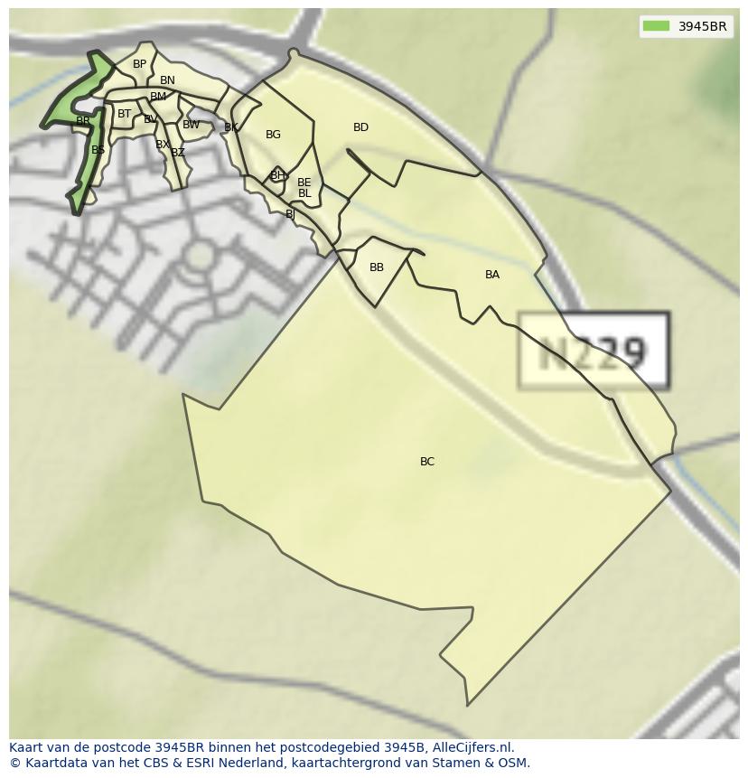 Afbeelding van het postcodegebied 3945 BR op de kaart.