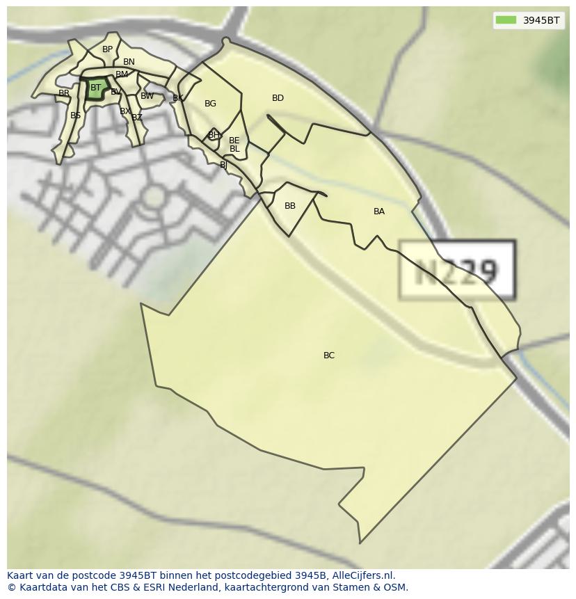 Afbeelding van het postcodegebied 3945 BT op de kaart.
