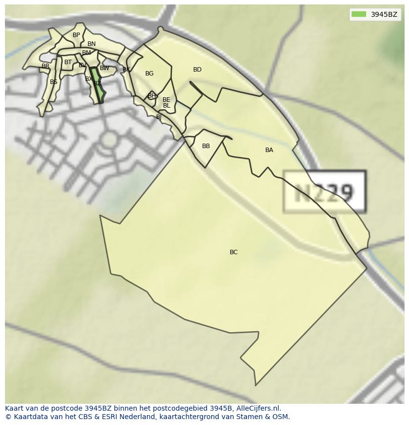 Afbeelding van het postcodegebied 3945 BZ op de kaart.