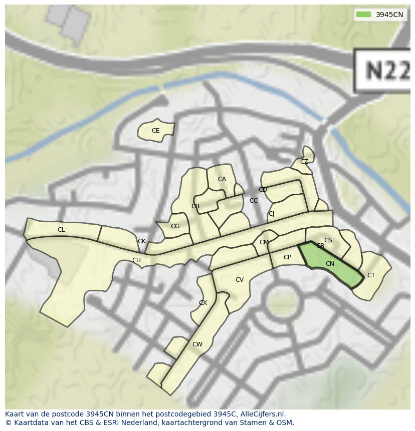 Afbeelding van het postcodegebied 3945 CN op de kaart.