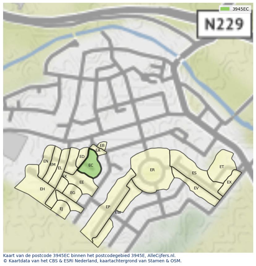 Afbeelding van het postcodegebied 3945 EC op de kaart.