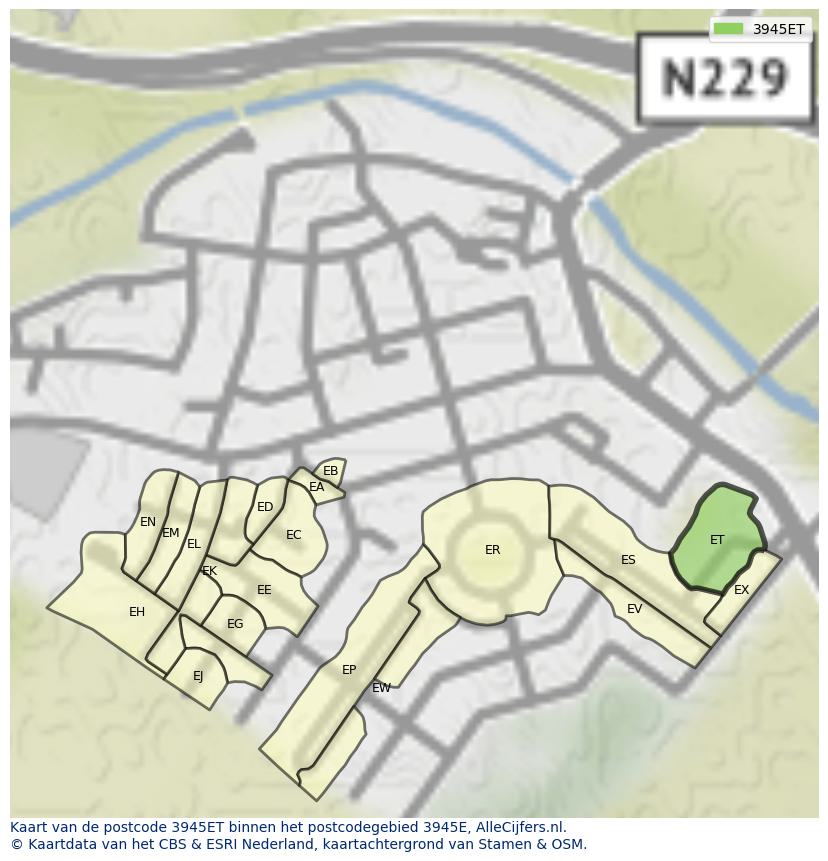 Afbeelding van het postcodegebied 3945 ET op de kaart.