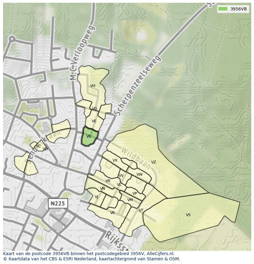 Afbeelding van het postcodegebied 3956 VB op de kaart.