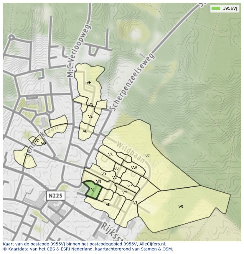 Afbeelding van het postcodegebied 3956 VJ op de kaart.