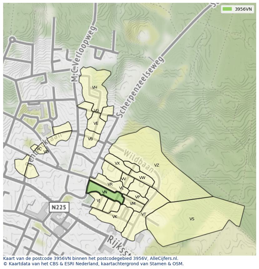 Afbeelding van het postcodegebied 3956 VN op de kaart.