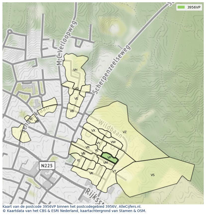 Afbeelding van het postcodegebied 3956 VP op de kaart.