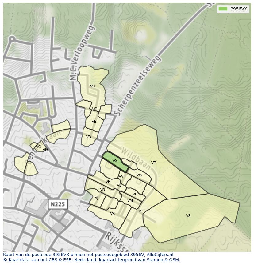Afbeelding van het postcodegebied 3956 VX op de kaart.