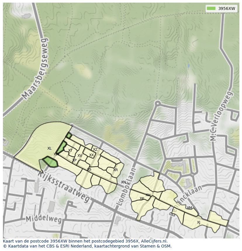 Afbeelding van het postcodegebied 3956 XW op de kaart.