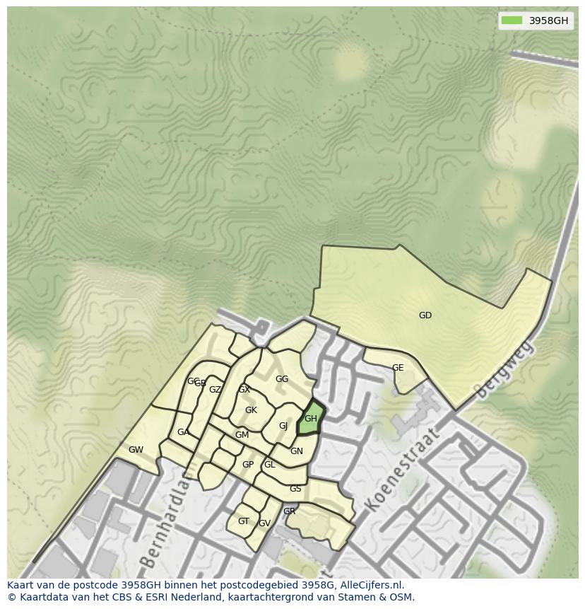 Afbeelding van het postcodegebied 3958 GH op de kaart.