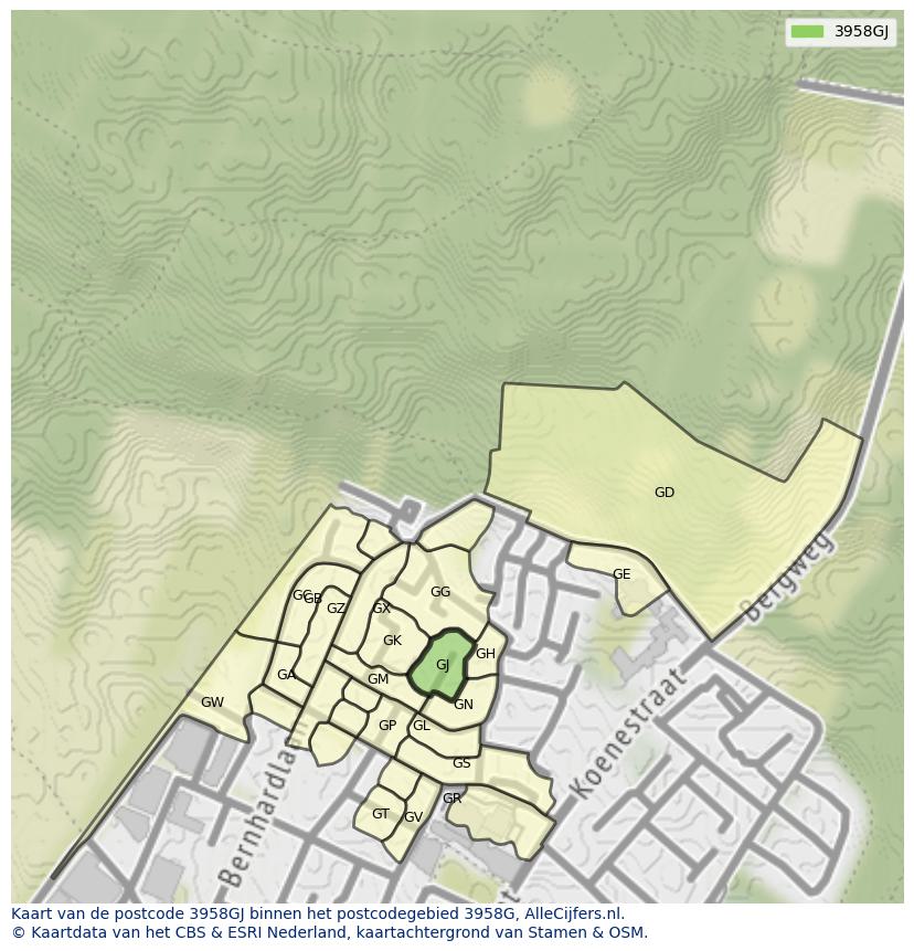 Afbeelding van het postcodegebied 3958 GJ op de kaart.
