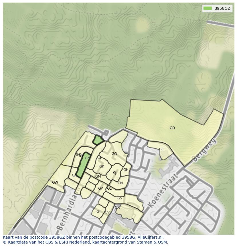 Afbeelding van het postcodegebied 3958 GZ op de kaart.