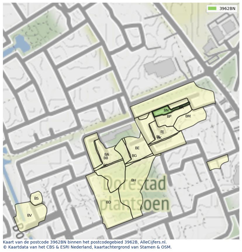 Afbeelding van het postcodegebied 3962 BN op de kaart.