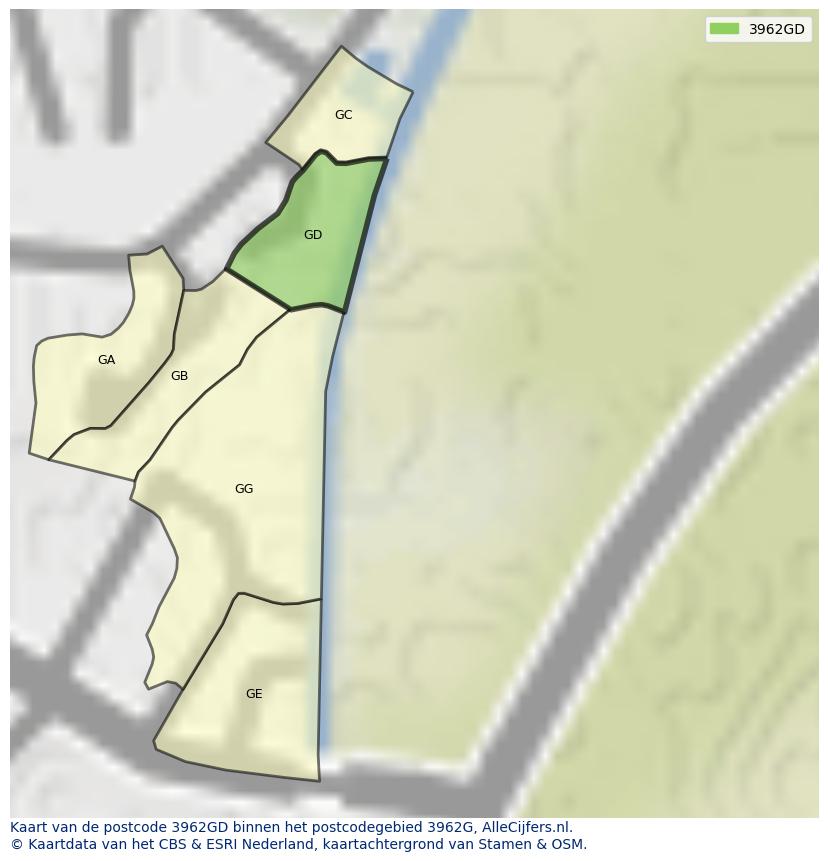 Afbeelding van het postcodegebied 3962 GD op de kaart.