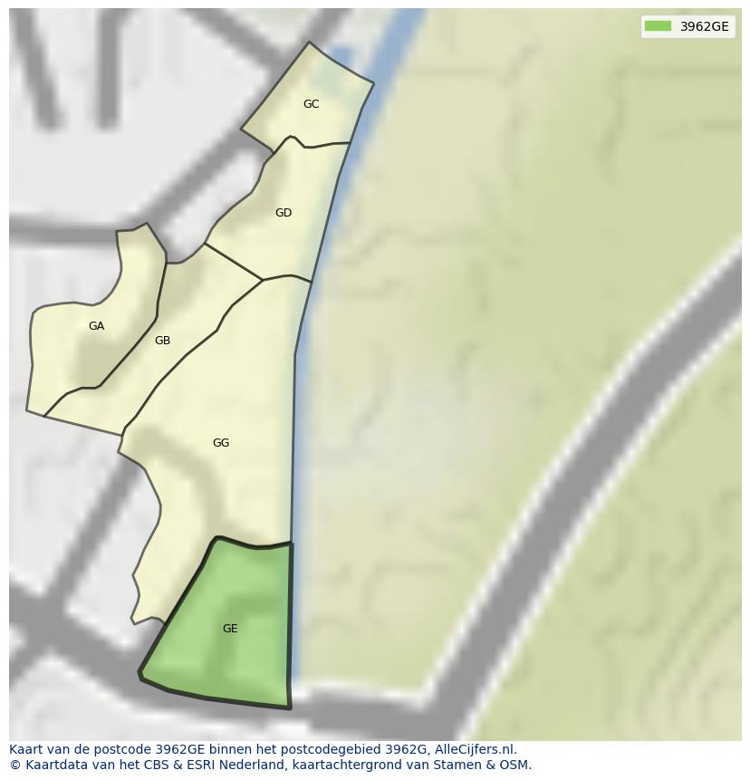 Afbeelding van het postcodegebied 3962 GE op de kaart.