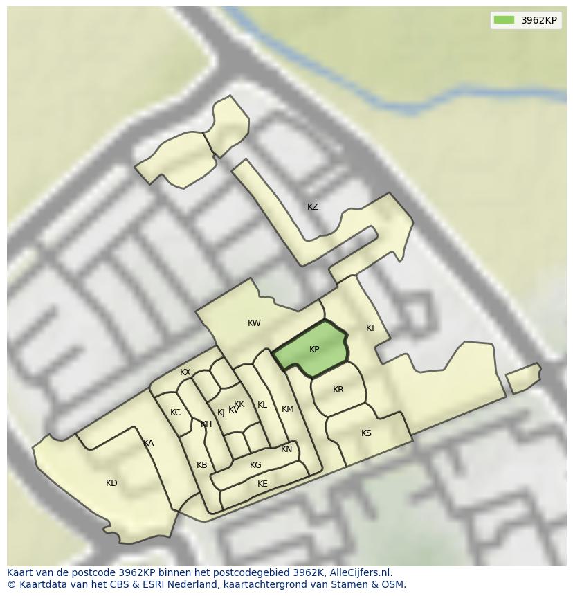 Afbeelding van het postcodegebied 3962 KP op de kaart.
