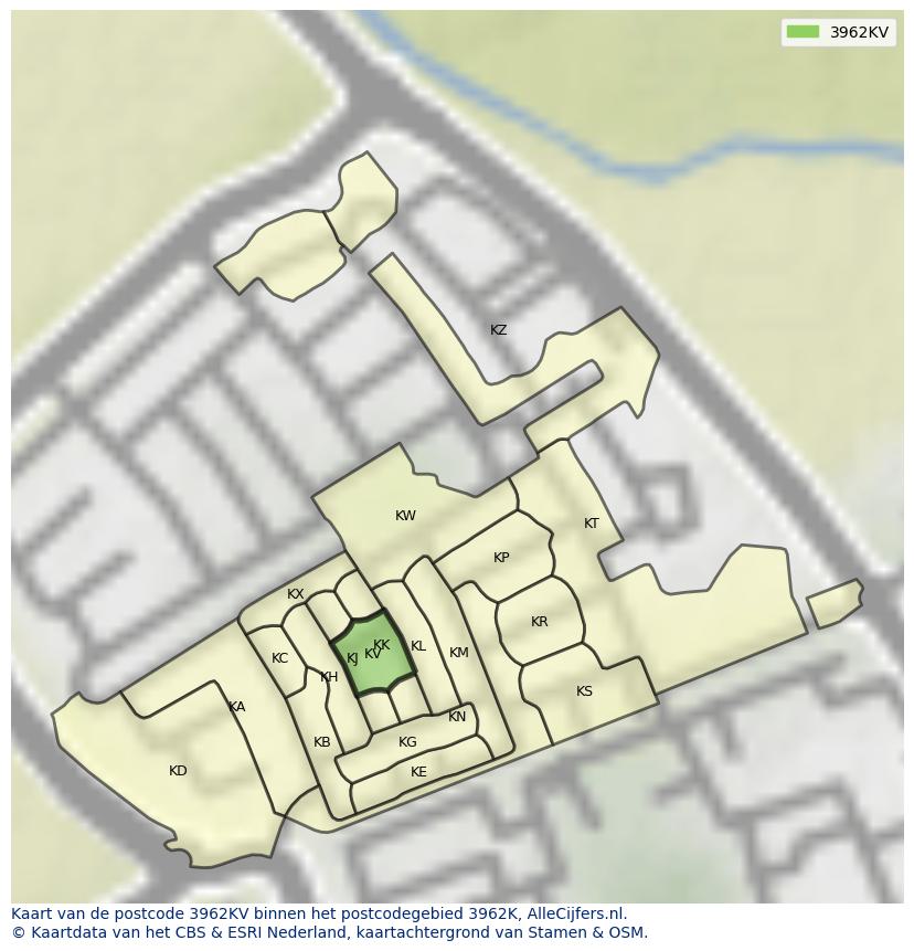 Afbeelding van het postcodegebied 3962 KV op de kaart.