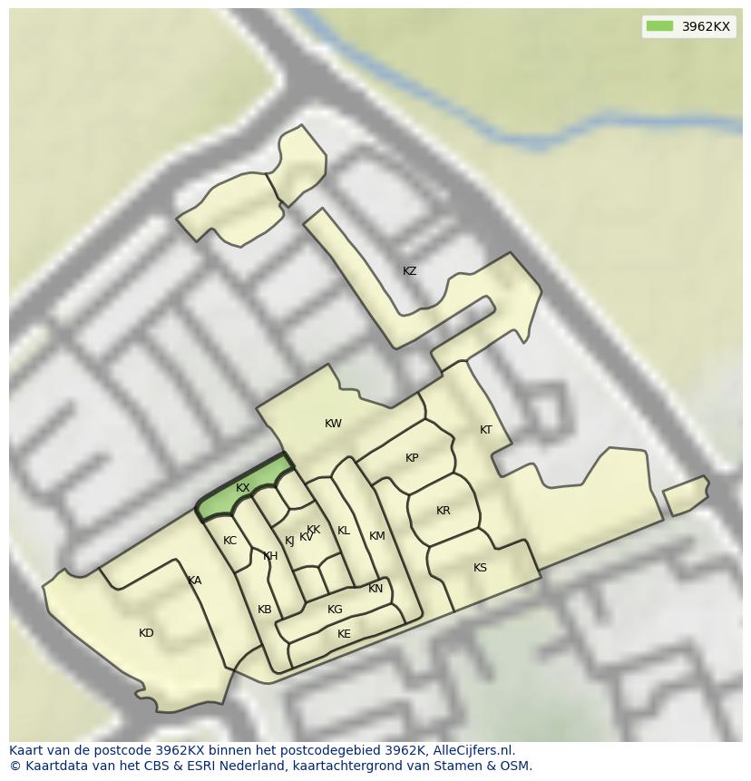 Afbeelding van het postcodegebied 3962 KX op de kaart.