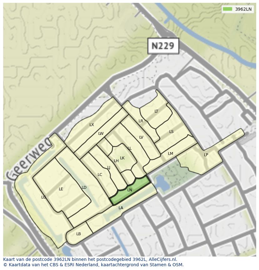 Afbeelding van het postcodegebied 3962 LN op de kaart.