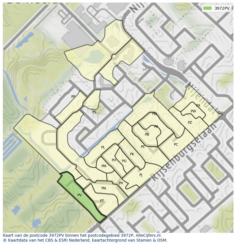 Afbeelding van het postcodegebied 3972 PV op de kaart.