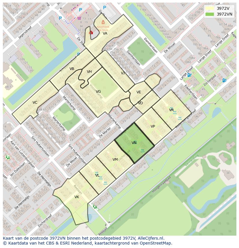 Afbeelding van het postcodegebied 3972 VN op de kaart.