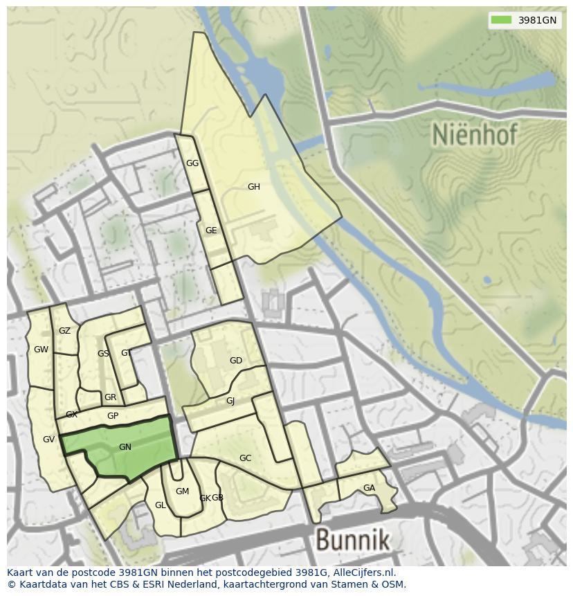 Afbeelding van het postcodegebied 3981 GN op de kaart.