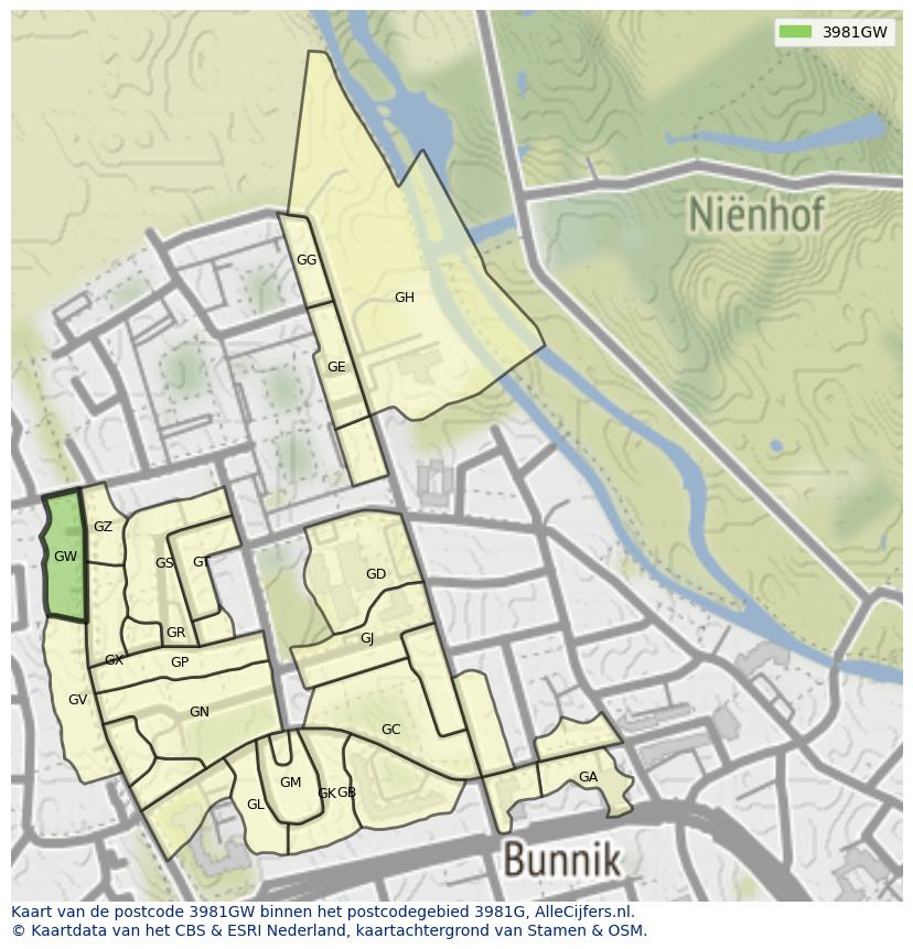 Afbeelding van het postcodegebied 3981 GW op de kaart.