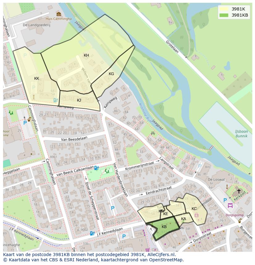 Afbeelding van het postcodegebied 3981 KB op de kaart.