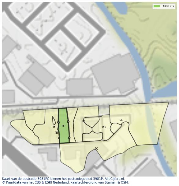 Afbeelding van het postcodegebied 3981 PG op de kaart.