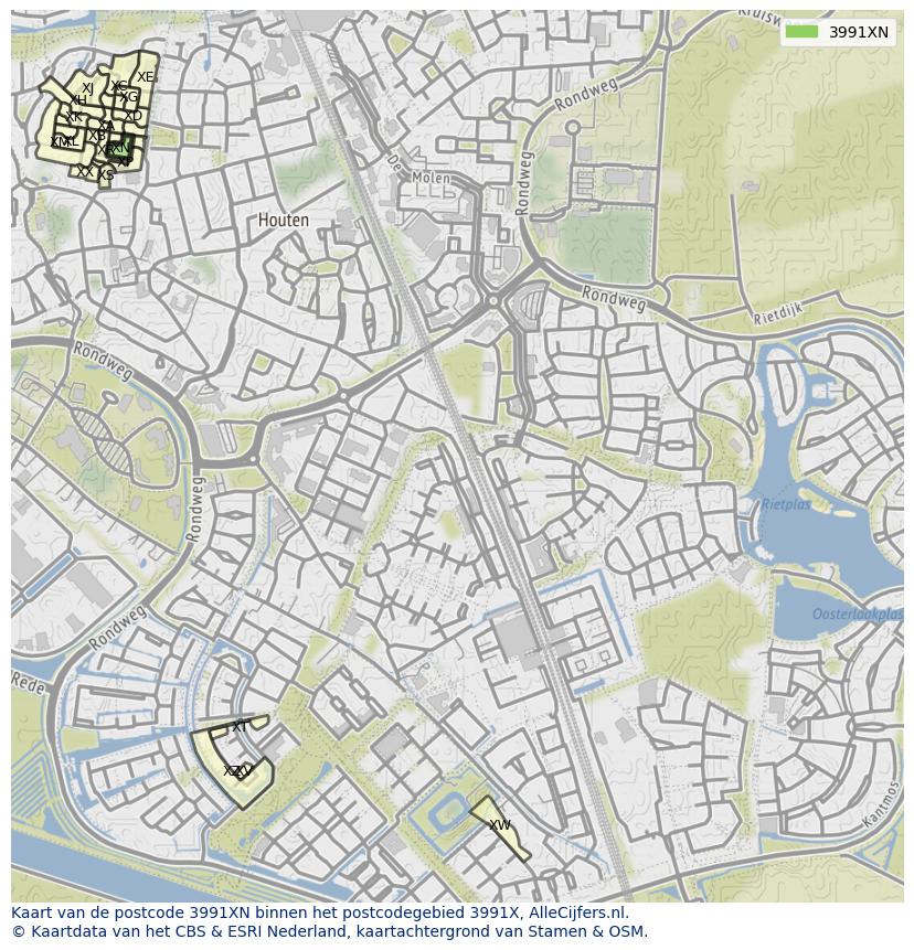 Afbeelding van het postcodegebied 3991 XN op de kaart.