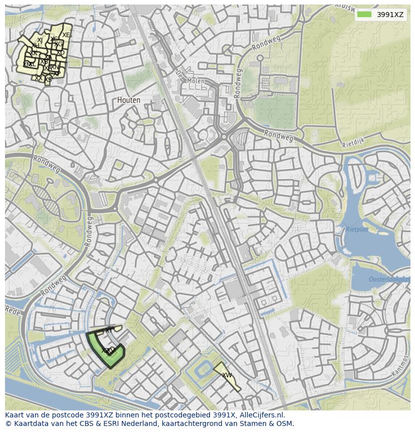 Afbeelding van het postcodegebied 3991 XZ op de kaart.