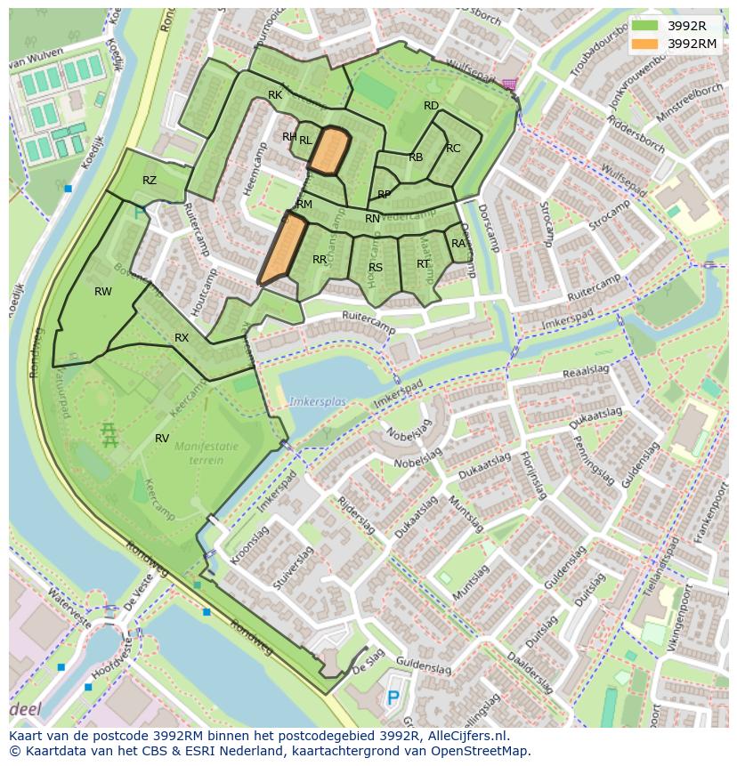 Afbeelding van het postcodegebied 3992 RM op de kaart.