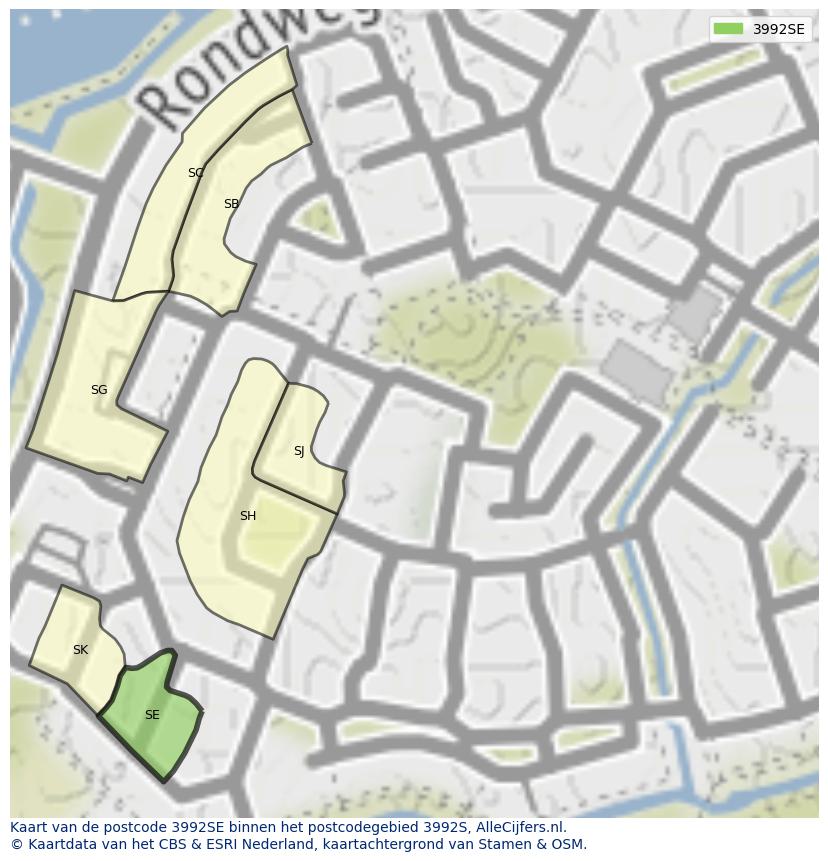 Afbeelding van het postcodegebied 3992 SE op de kaart.