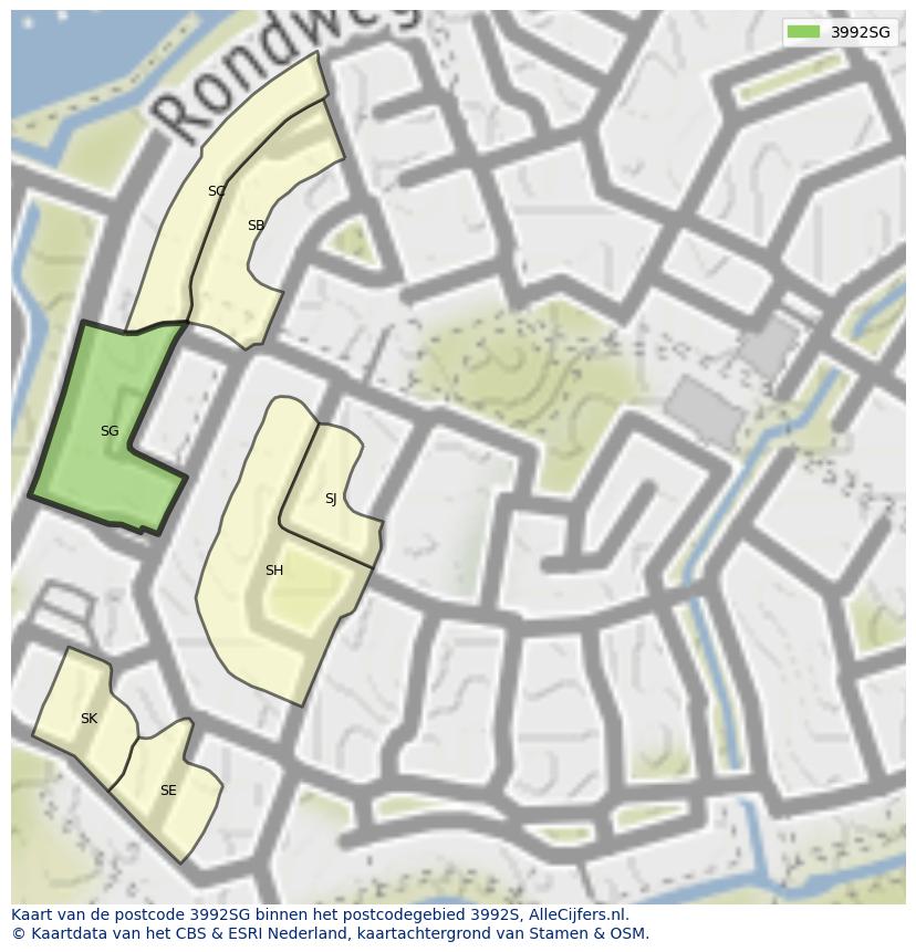 Afbeelding van het postcodegebied 3992 SG op de kaart.
