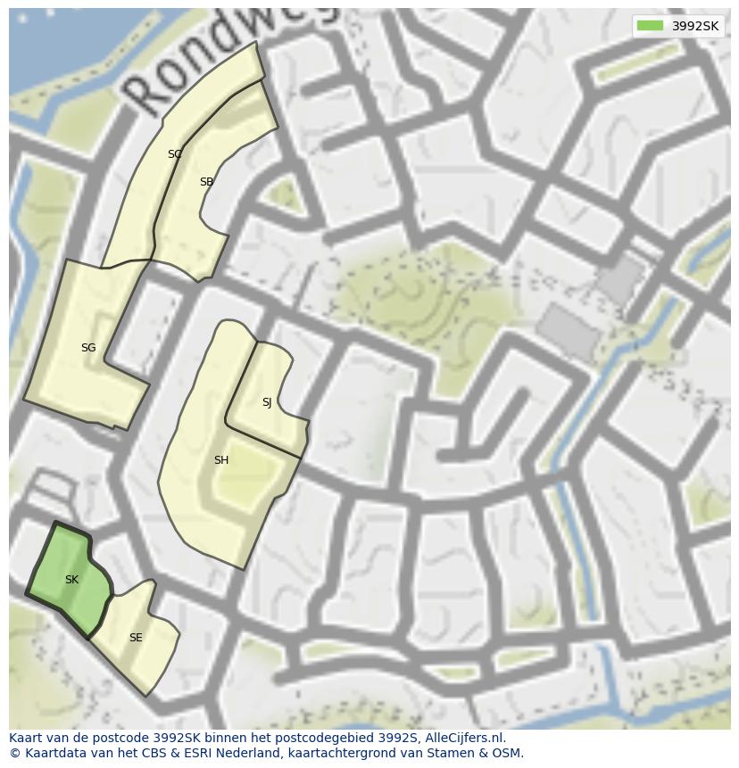 Afbeelding van het postcodegebied 3992 SK op de kaart.