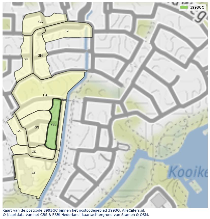 Afbeelding van het postcodegebied 3993 GC op de kaart.